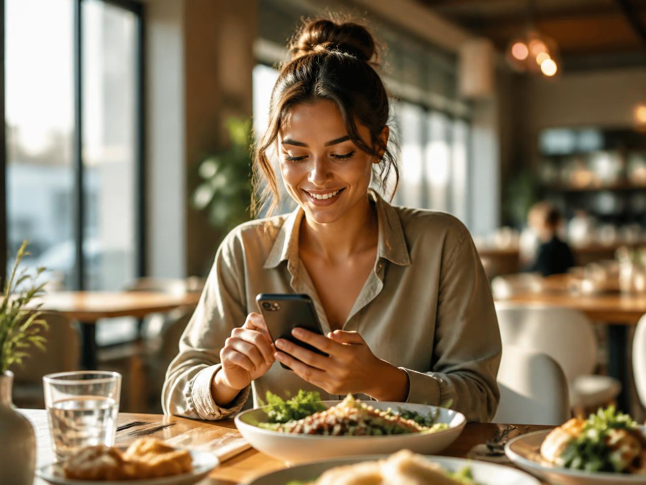Restaurant guest ordering from her phone at the table